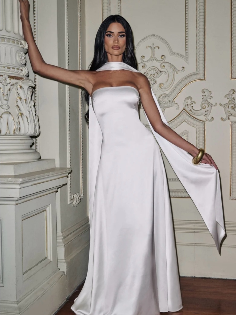 Strapless White Satin Maxi Dress with Draped Scarf Detail
